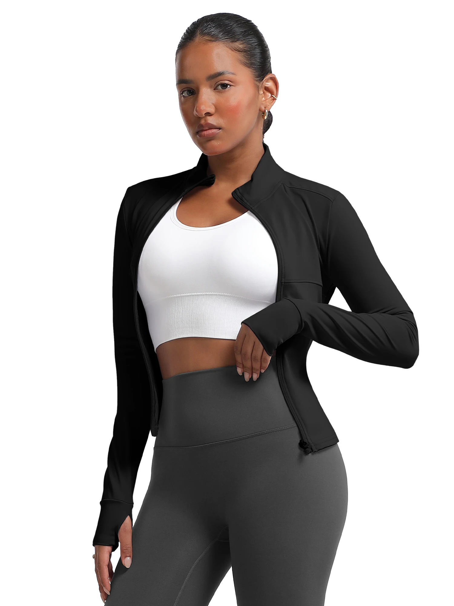 เสื้อแจ็คเก็ตออกกำลังกายผู้หญิง น้ำหนักเบา แบบซิป เสื้อโยคะ ทรงครอป แอธเลติก ทรงเข้ารูป