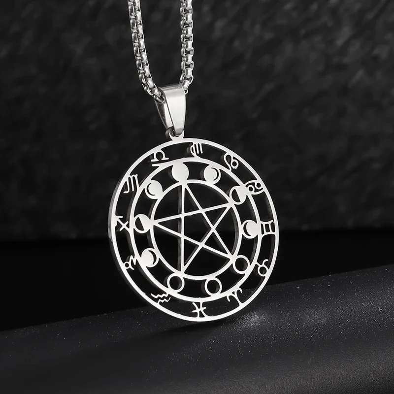 Stainless Steel Witchcraft 12 Zodiac Divination Pentagram Pendant Necklace for Women Men Fashion Charm Casual Jewelry