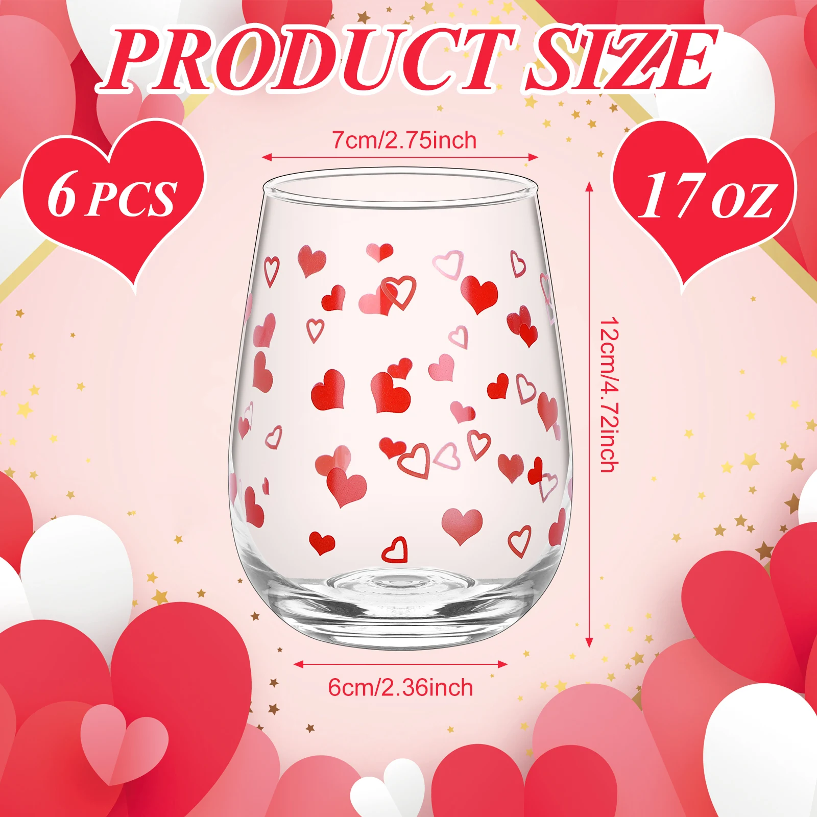 6 Pack 17 Oz Heart Valentine's Day Wine Glass Set Valentine Wine Glass Drink Up Valentine's Day Wine Glass Romantic Wine Glasses