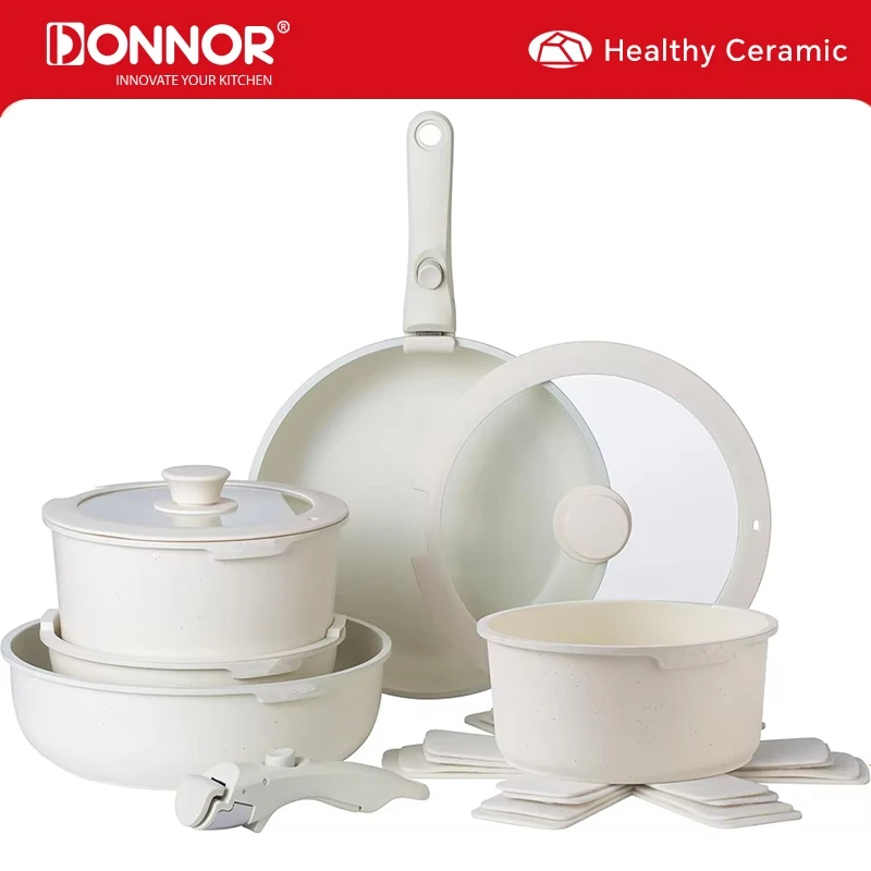 DONNOR 17-teiliges Töpfe- und Pfannenset, antihaftbeschichtetes Kochgeschirr-Set mit abnehmbarem Griff, Induktionsküchen-Kochgeschirr-Set, Bratpfannen-Set JT271