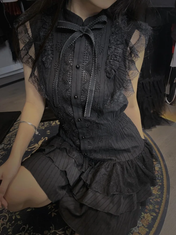 Black Gothic Vintage Slim Lace Summer Dress Women Y2k Design Sense Skinny Dresses New Fashion Female Hottie Retro Outfits 2025