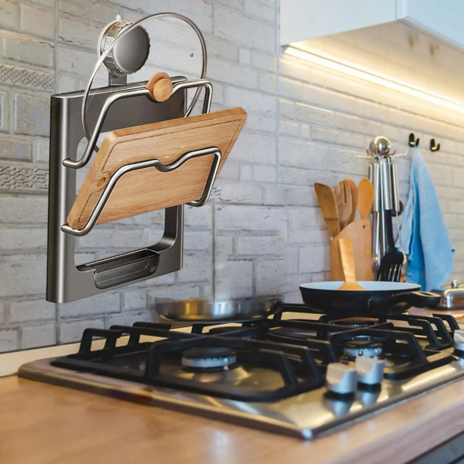 

Pot Lid Storage Rack Cookware Storage Easily Mounted Flatware Shelf Pots Pans Organizer Wall Mounted for Cutting Board Saucepan