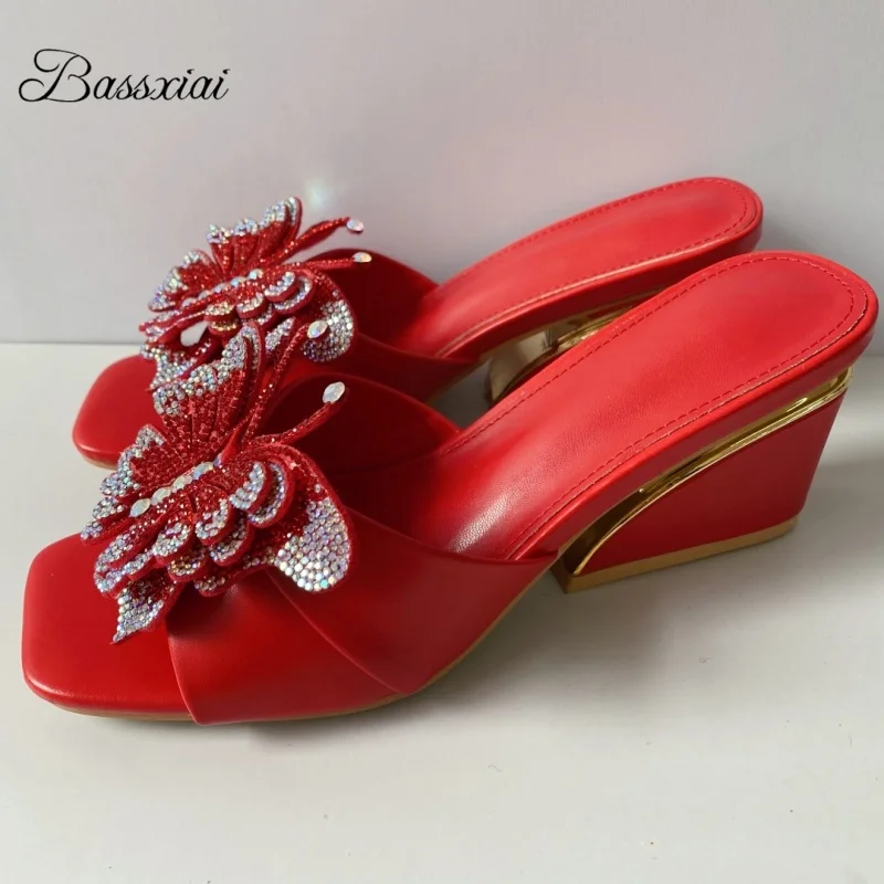 Sandalias de Verano con Plataforma y Tira Trasera para Mujer, con Decoración de Mariposa y Flor con Cristales
