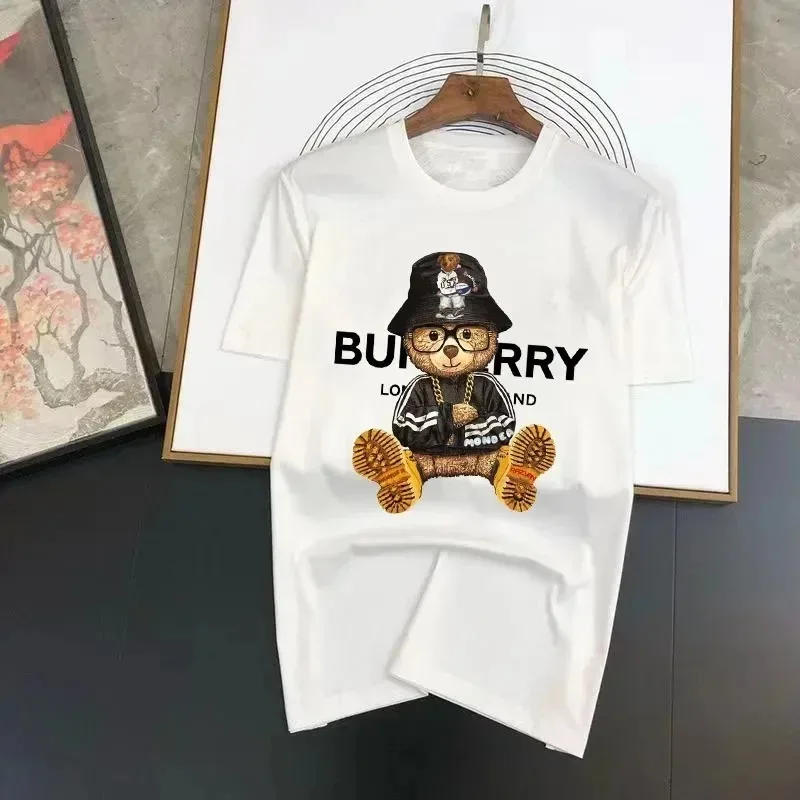 Men's Cotton Summer Cute T-shirt Luxury Letters Bear Print T Short Sleeve Tees Solid Color Summer Wear Streetwear Tops