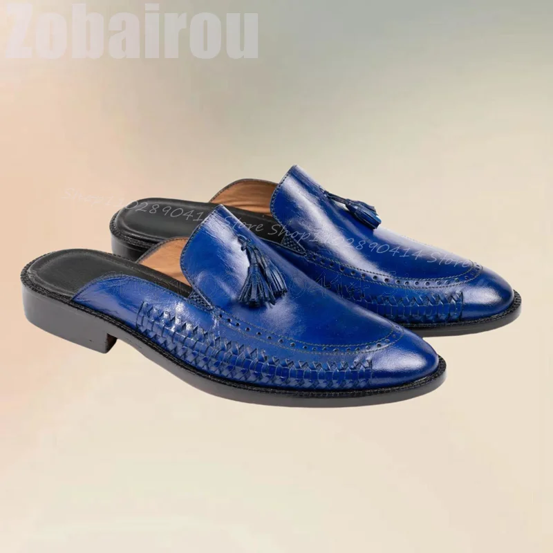 Chinelos de malha masculino, decoração borlas, sapatos de deslizamento, artesanal de luxo, festa festa, escritório, moda casual, azul, luxo