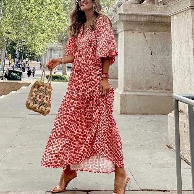 

Women Geometric Printed Bubble Sleeve Dress Street Long Loose Women's Dress 2025 Casual Spring Summer Holidays Female Clothes