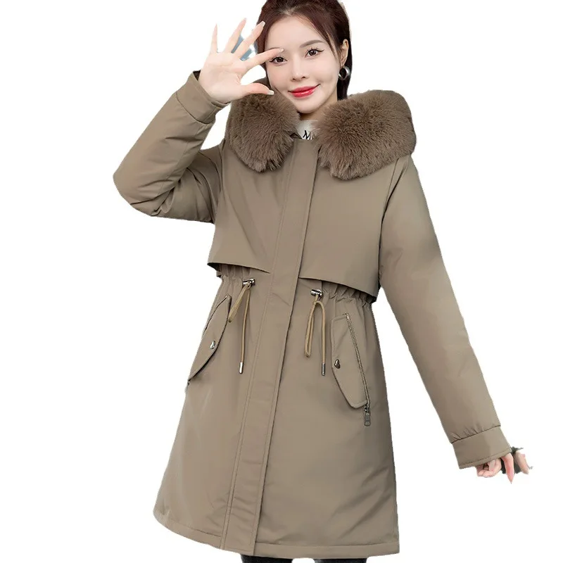 2023 Pocket Long-sleeved Pie Overcomes Trend Women's Medium Long Fleece Thickened Cotton-padded Casual Cotton-padded Jackets