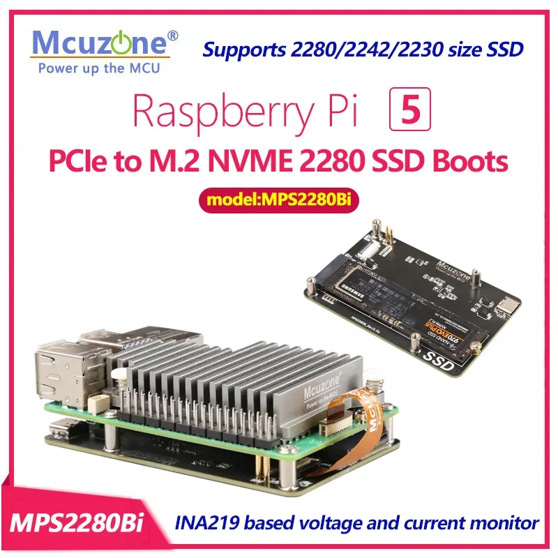 

MPS2280Bi Raspberry Pi 5 PCIe to M.2 NVME 2280 SSD Boots INA219 based voltage and current monit Supports 2280/2242/2230 SSD