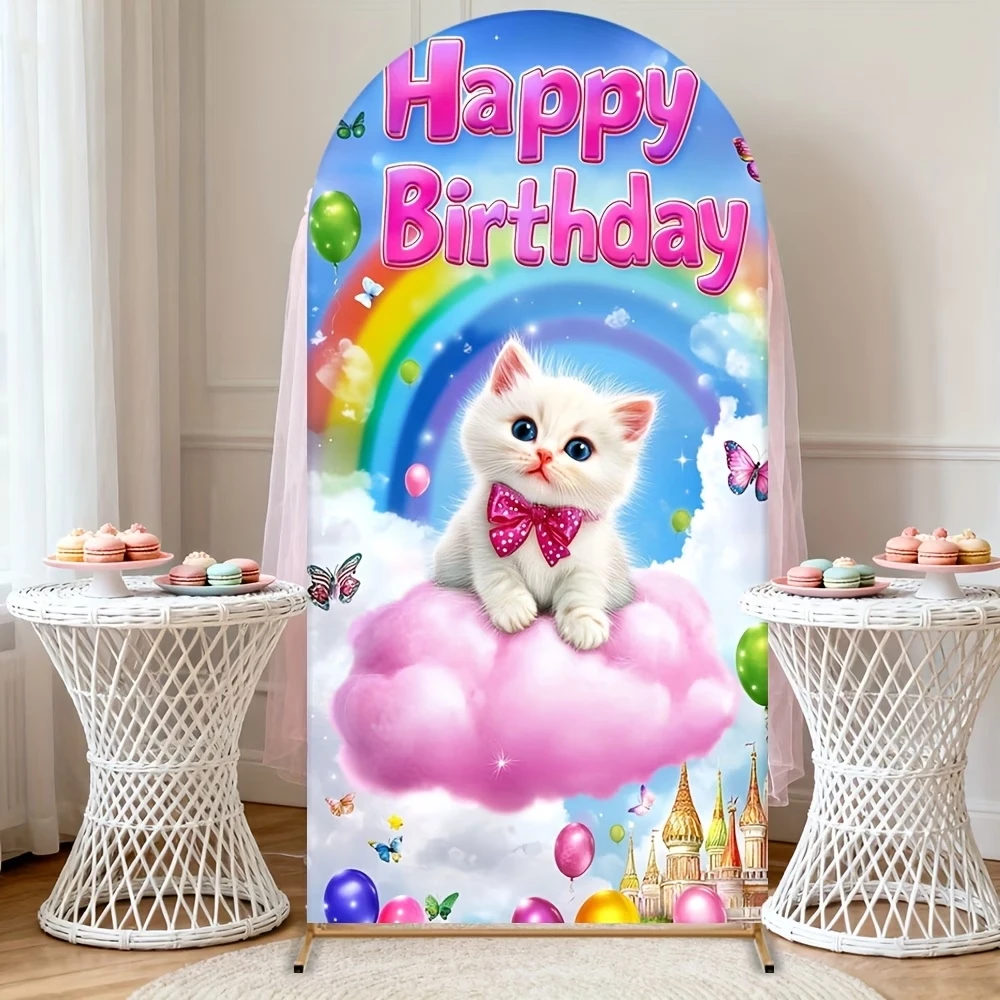 

Custom 2-sided Cute Cat Happy Birthday Party Backdrop Rainbow Castle Balloons Butterflies Cloud Photo Background Arch Covers