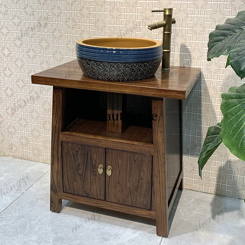 Chinese bathroom cabinet combination solid wood small apartment bathroom floor-to-ceiling retro, basin cabinet