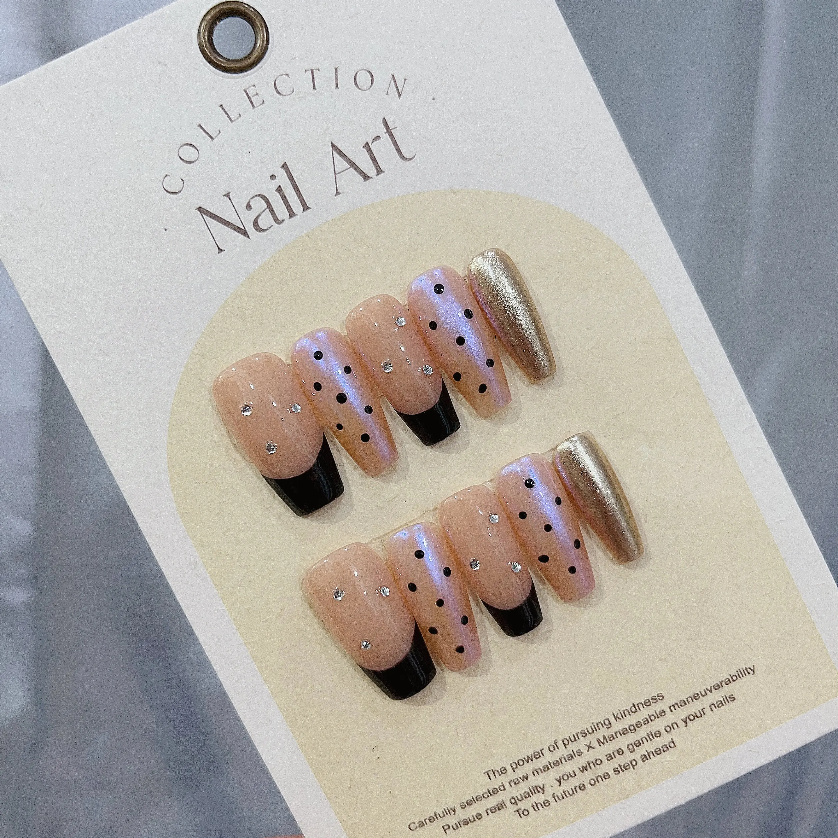 Handmade Press On Nails-Classic French Style Nails with Black Dots and White Tips for a Sophisticated Look In Emmabeauty Store