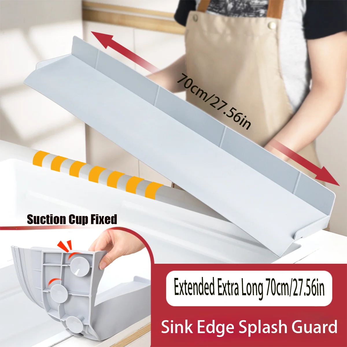 70cm Kitchen Sink Water Baffle Splash Guard with Suction Cups Cream White/Gray