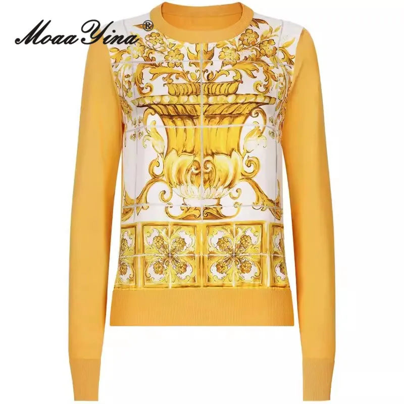 MoaaYina Summer Fashion Runway Women’s Long-Sleeved Wool Knitted Tops+Casual Mini Skir Baroque Print Two Pieces Set