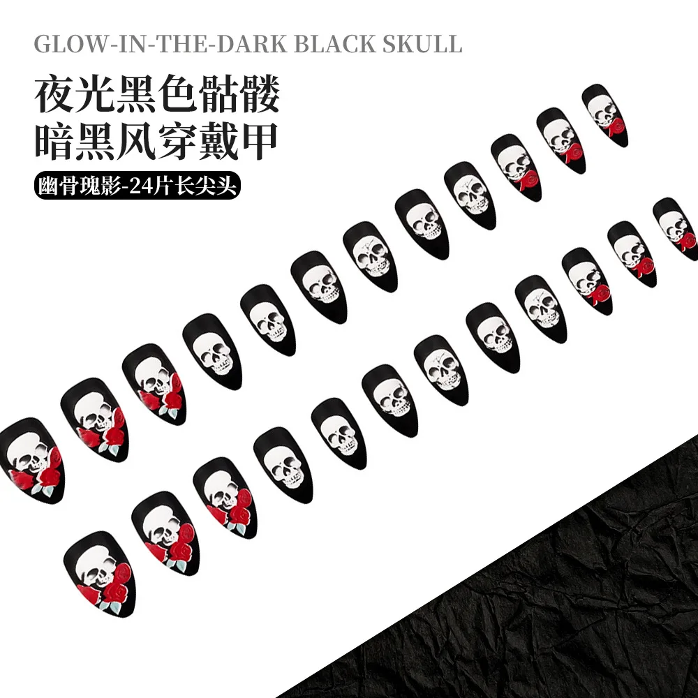 Wearable Nail Art Sheets Halloween Glow-in-the-Dark Black Skeleton Dark Rose Almond Shape Fake Nails for Party Cosplay