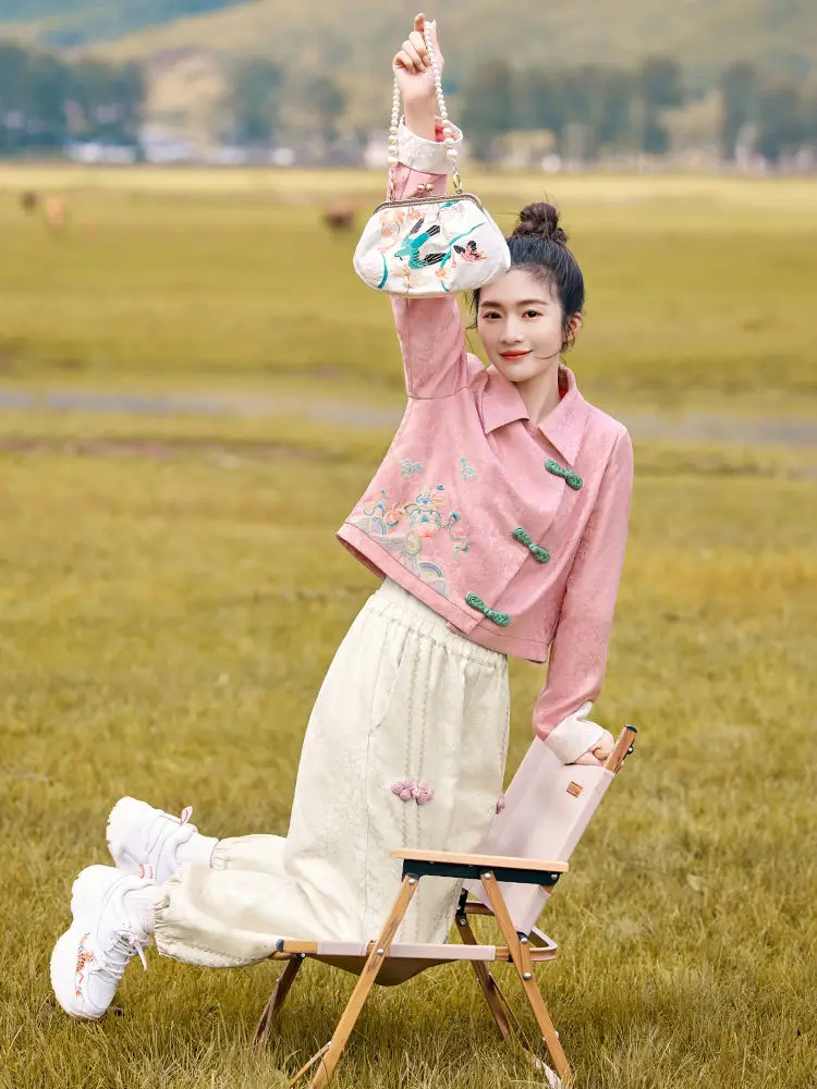 Traditional Chinese Clothing Embroidery Fashion Set Women\'s Coat Top Casual Pants Two Piece Set Spring and Autumn Modern Student
