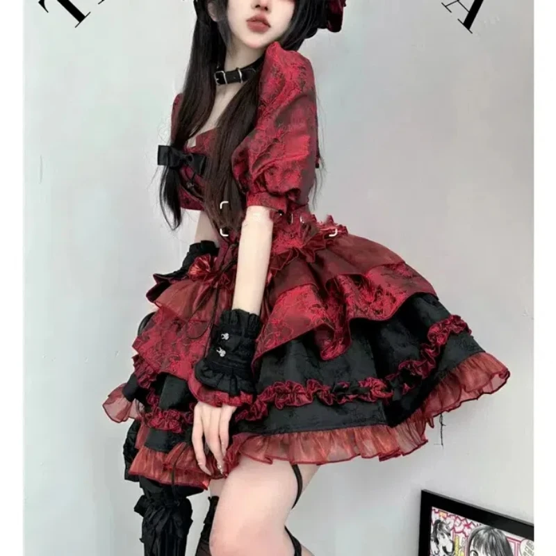 

Korean Retro Summer 2024 Lolita New Patchwork Printing Drawstring Bow Lace Ruffles Floral Fashion Elegant Puff Sleeve Dresses