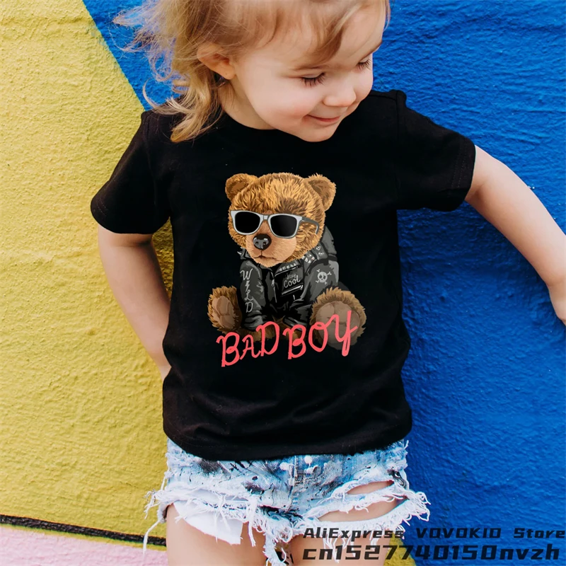 Funny Bear Boy Girl Black Cute Cartoon T-shirt Kid Summer Animal Anime Tops Tee Children Baby Family Group Clothes