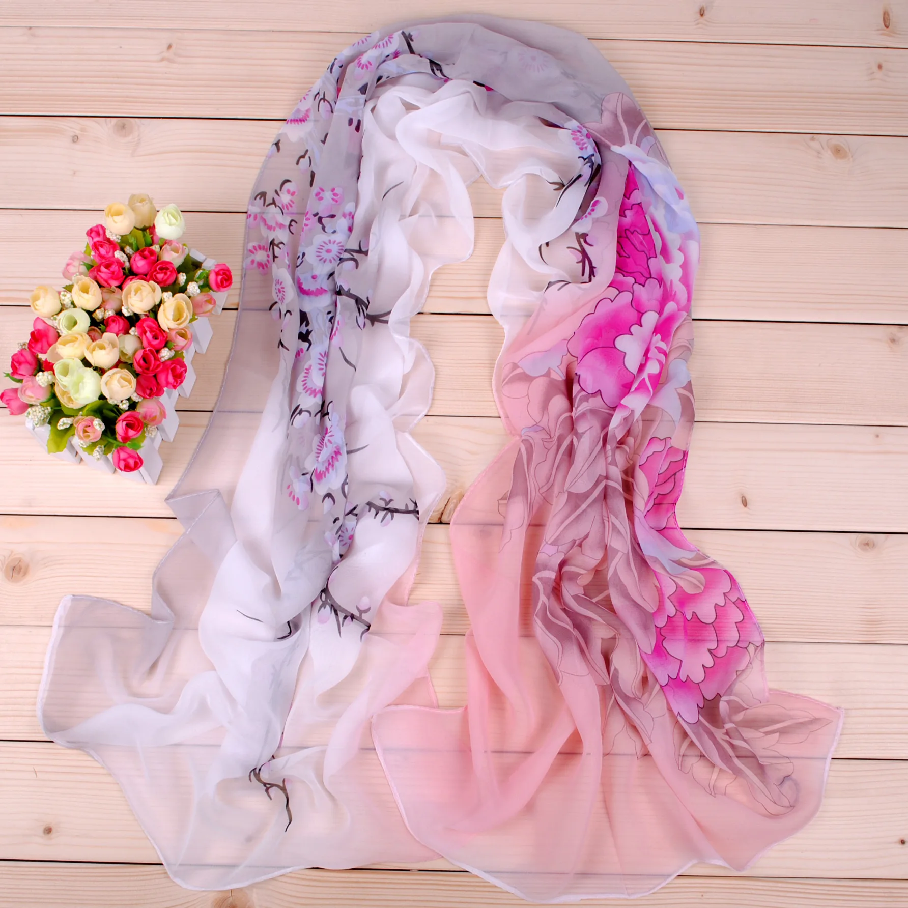 New Peony Flower Women\'s Printed Chiffon Long Scarves Wholesale Yiwu Autumn and Winter Scarves Small Scarves