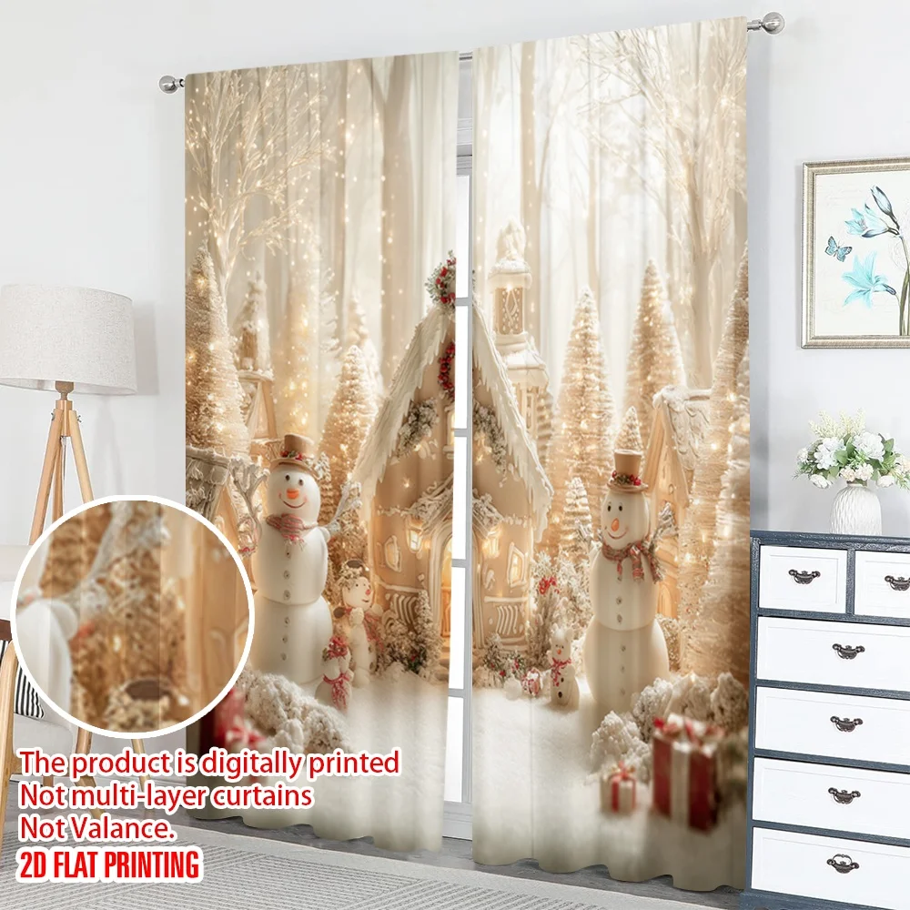2 قطعة 2D الطباعة المسطحة عيد الميلاد سعيد موضة الستائر دافئ ثلج عيد الميلاد قرية الرقمية المطبوعة البوليستر الستائر احتفالية #5
