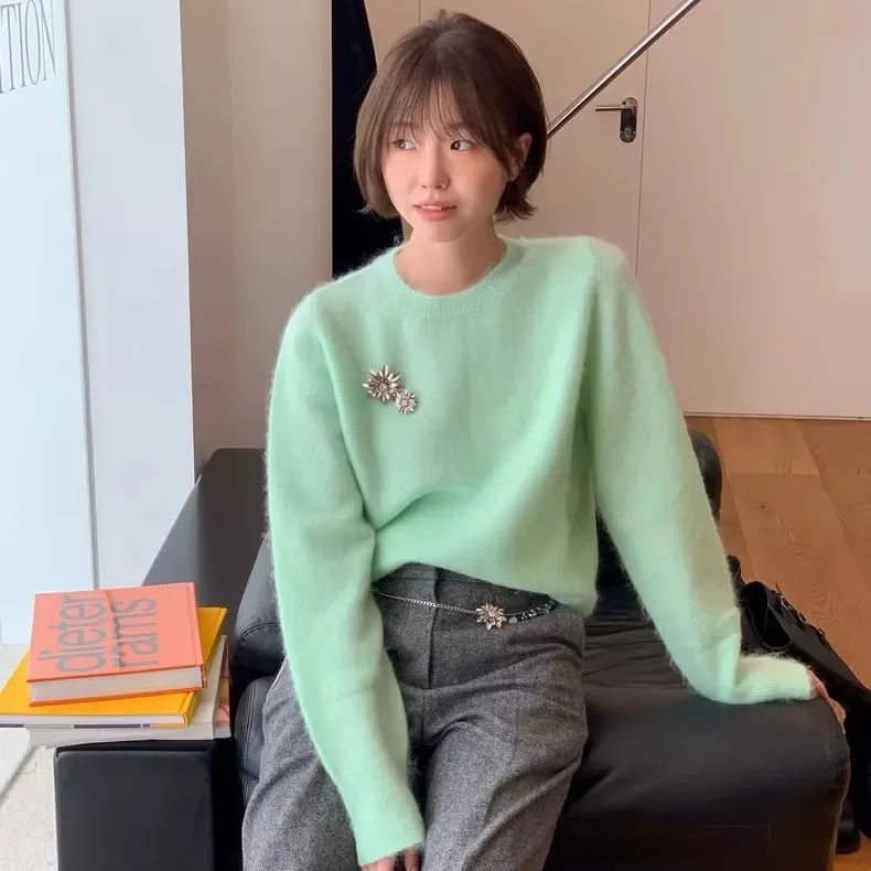 

Atelier Edition Длинный трикотаж Plu, круглый свитер Ne ярких цветов, базовый слой, корейский свободный крой, женский...