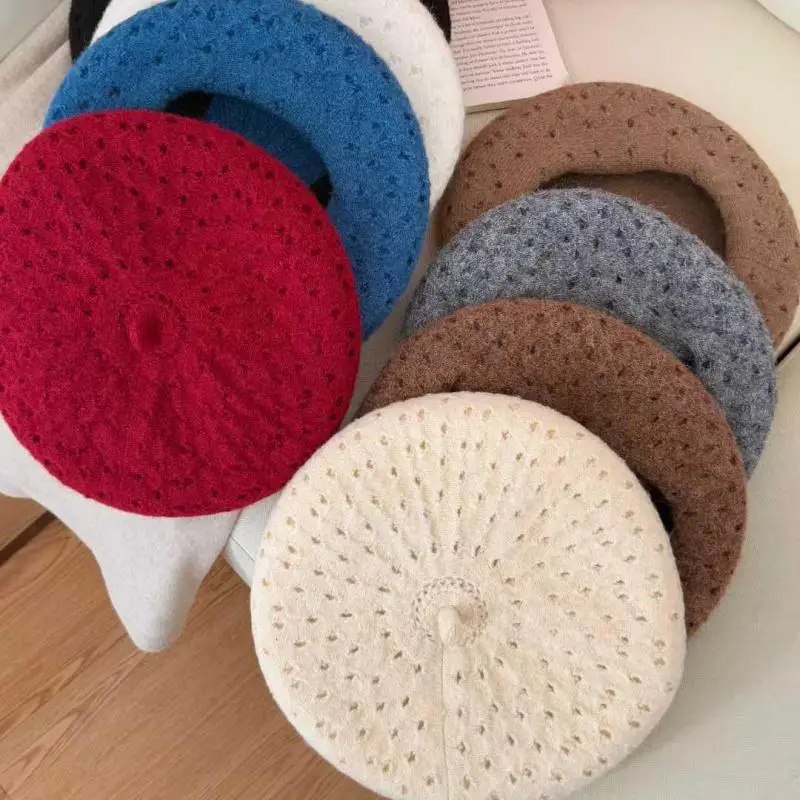 

Женские береты, шерстяной вязаный полый берет, винтажная кепка художника, женский берет, шапочки, новый простой однотонный мягкий цвет