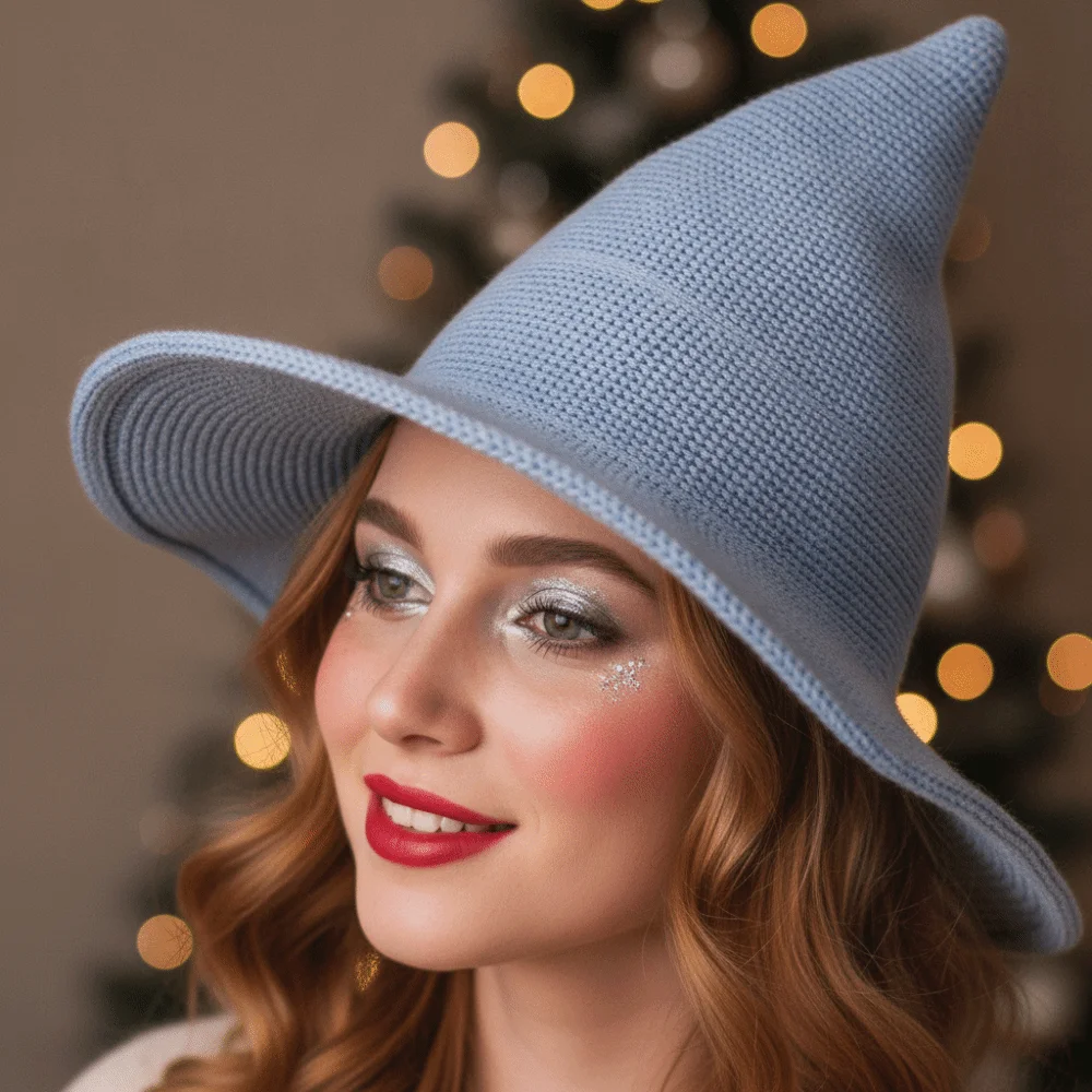 Cosplay Headpiece Knitted Witch Hat Wide Brim Solid Color Wizard Cap Pointed Top Crochet Texture Pointed Bonnet Halloween Party