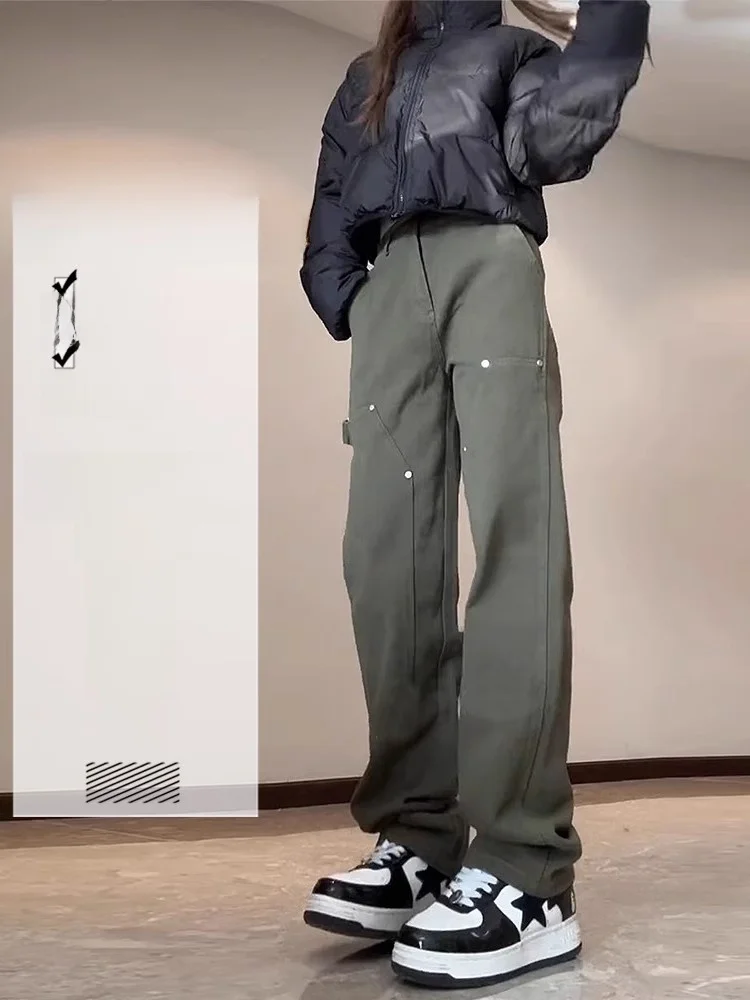 Pantalon cargo pour femme de style militaire rétro américain, printemps automne, jambe droite, effet allongeant les jambes