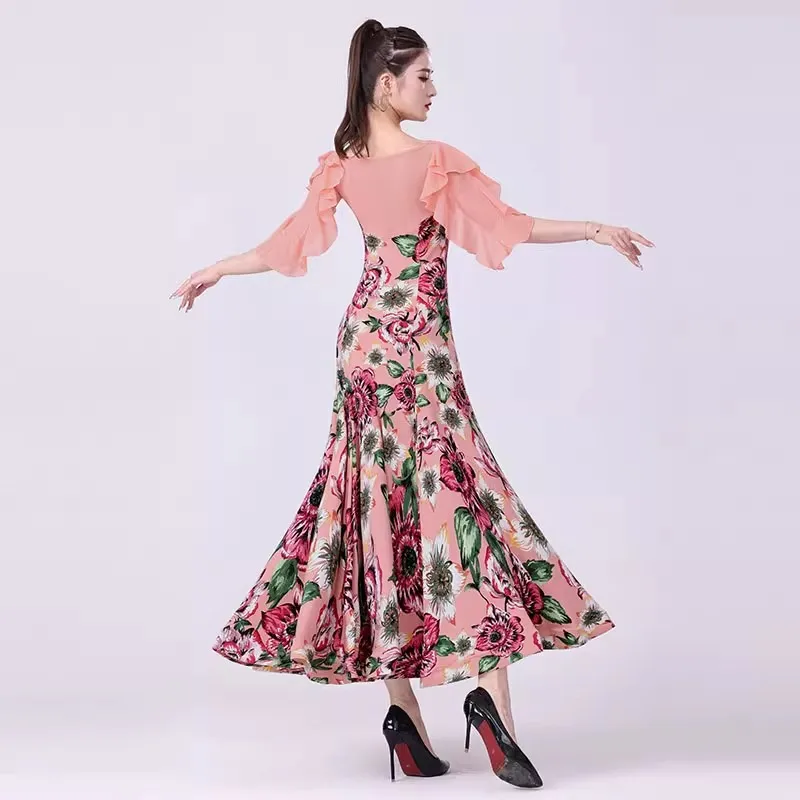 Women Ballroom Dress Clothes 2023 New Ruffle Sleeve Pink Waltz Costumes Chiffon High-end Party Modern Dance Competition Dresses