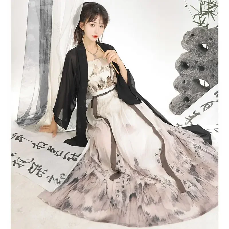 Mantel Hanfu bordir dinasti Tiongkok, mantel tiga potong Set Harian, kostum Hanfu Tiongkok ditingkatkan, kostum Cosplay Hanfu Tiongkok