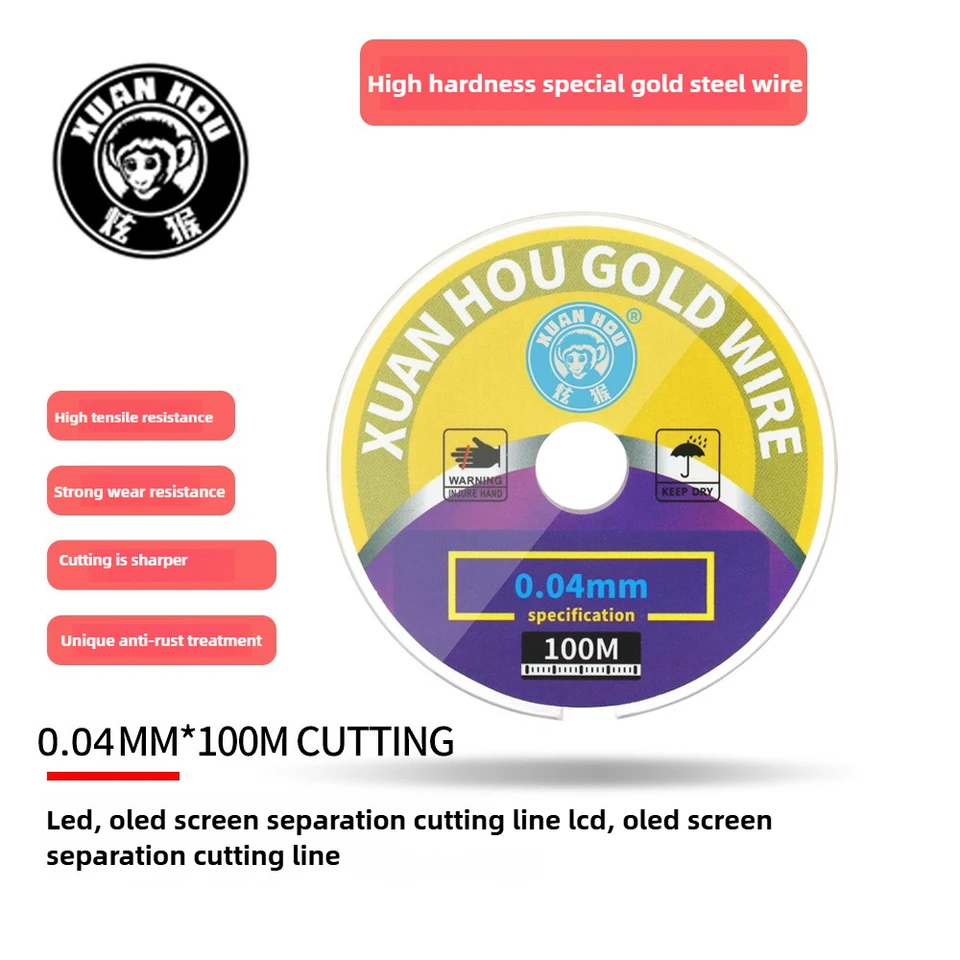 100 m de hilo de corte de vidrio para pantalla LCD de acero dorado de alta dureza de 0.028 mm a 0.1 mm, herramienta de reparación para teléfonos y tabletas 4