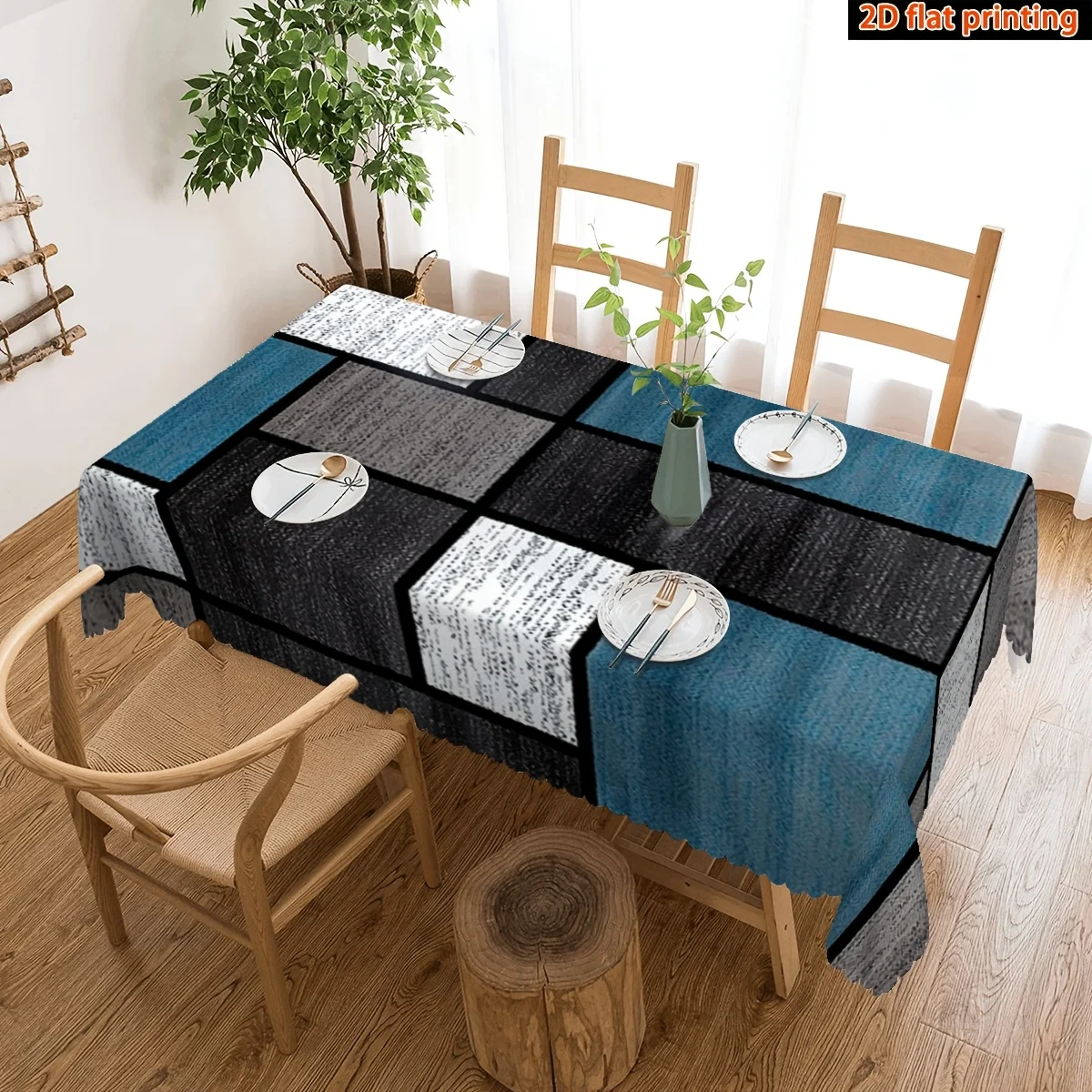 Mantel Rectangular Geométrico Azul Grisáceo Moderno, Cubierta de Mesa de Poliéster con Borde en Forma de Abanico para Comedor y Sala de Estar