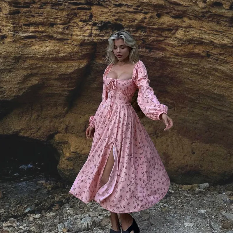 YL25263 Abito lungo da ragazza calda con scollo quadrato stampato e spacco sexy floreale stile vacanza francese