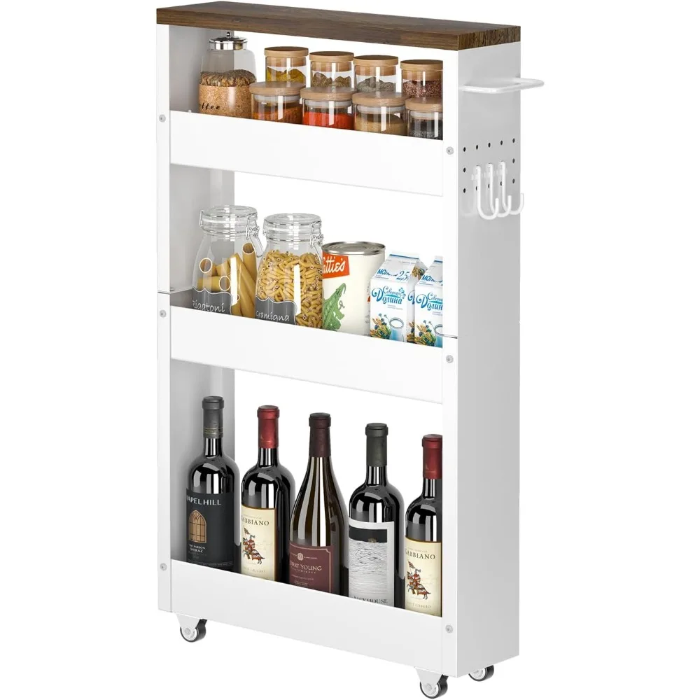 Kitchen Pantry Cabinet, 4-Tier Kitchens Rolling Cart Narrow Storage Cabinet with Handle & Wood Top, Kitchen Cabinet