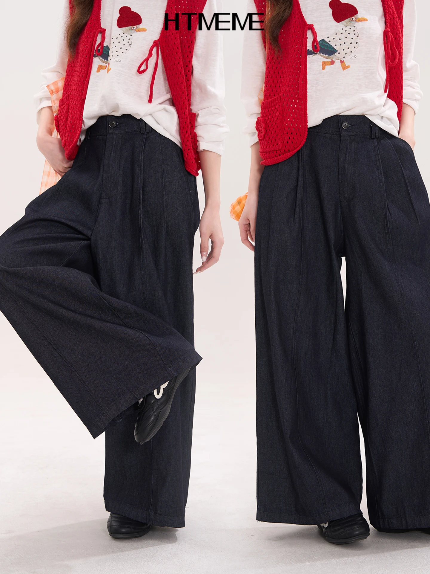 

Deep Blue Pleated Loose Casual Wide Leg Jeans Women's Heme Blue adow Denim Pants Summer l Waist Cotton Spring Season