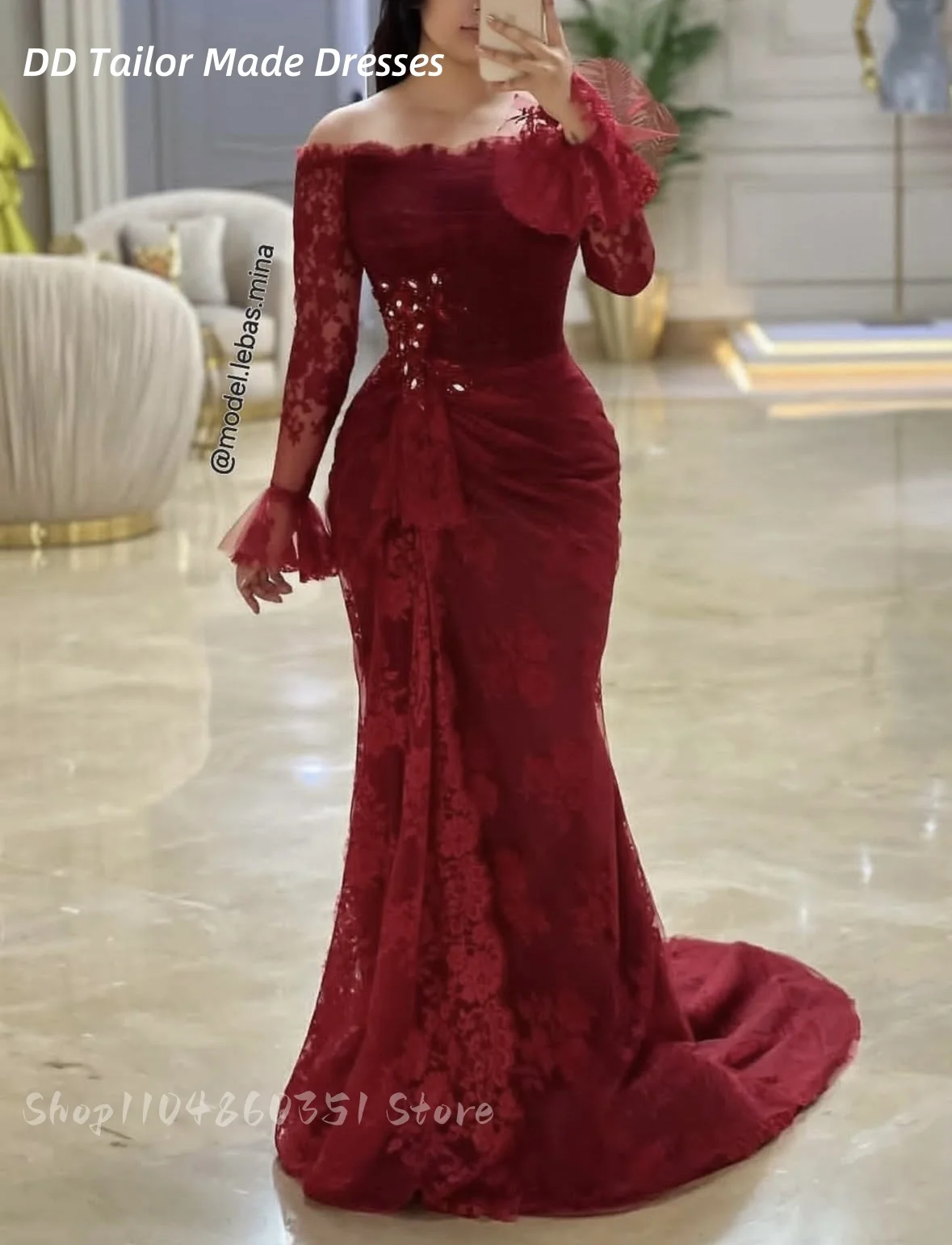 Eleganti abiti da sera a sirena in pizzo arabo Aso Ebi maniche lunghe cristalli con perline abiti da cerimonia per occasioni formali bordeaux personalizzati