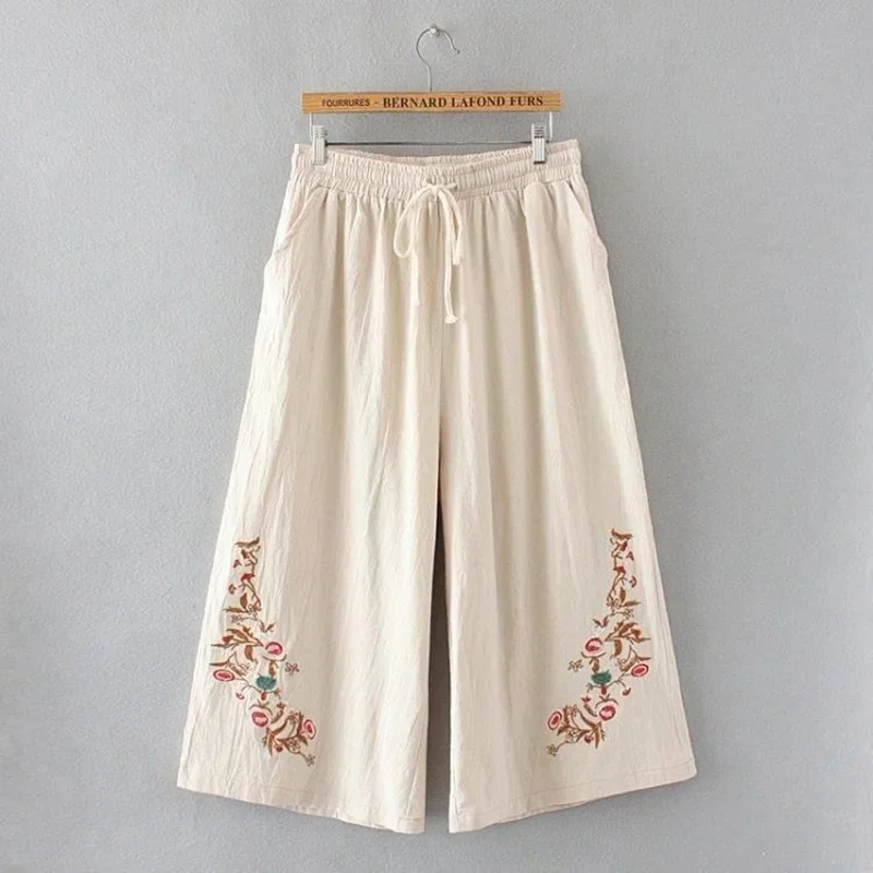 Women's Cotton And Linen Wide-Leg Pants Embroidery Summer Loose Straight Casual Pants Plus Size Capris Trousers 4XL C498