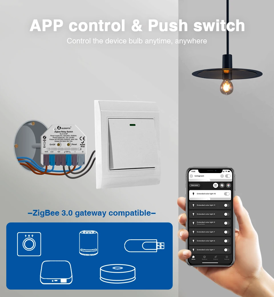 ZigBee 3,0 interruptor de relé voltaje de entrada versátil AC DC aplicación de alimentación Control de voz interruptor de empuje para Alexa Tuya