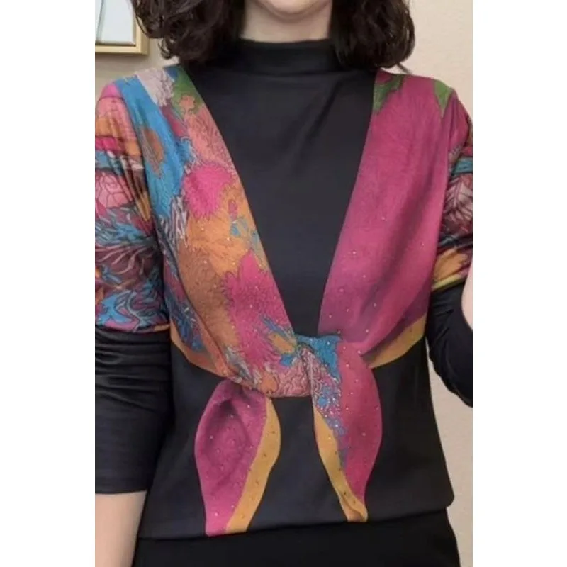 Fashionable and Western-style Color-blocked Printed Half-turtle Collar Bottoming Shirt for Women Versatile Long-sleeved Top