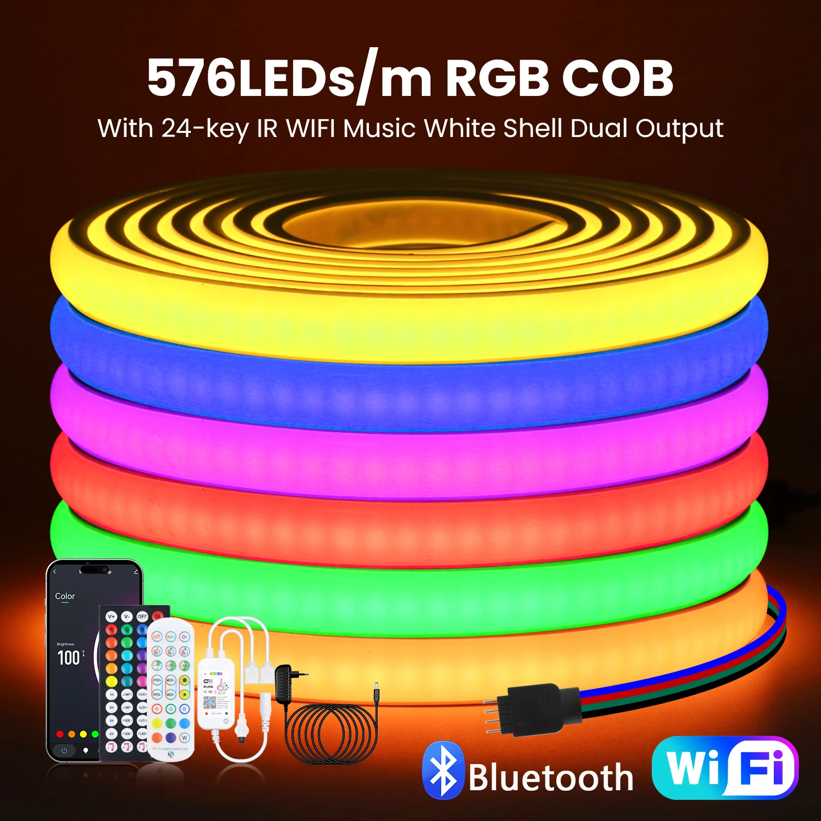 

24V RGB COB Неоновая светодиодная лента WIFI Bluetooth 5 м 10 м 24 клавиши 44 клавиши Remote EU US UK AU Power Kit 576 светодиодов/м Водонепроницаемый домашний декор