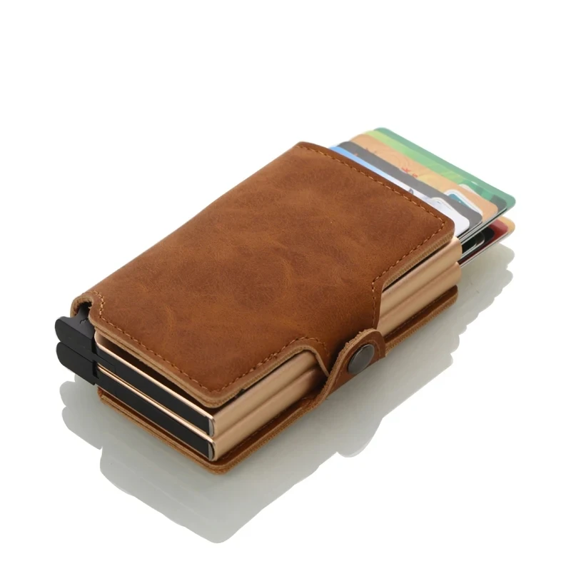 

Double Box Metal Wallets RFID Protection Men‘s Wallet ID Credit Card Holder Leather Bag with Money Clip