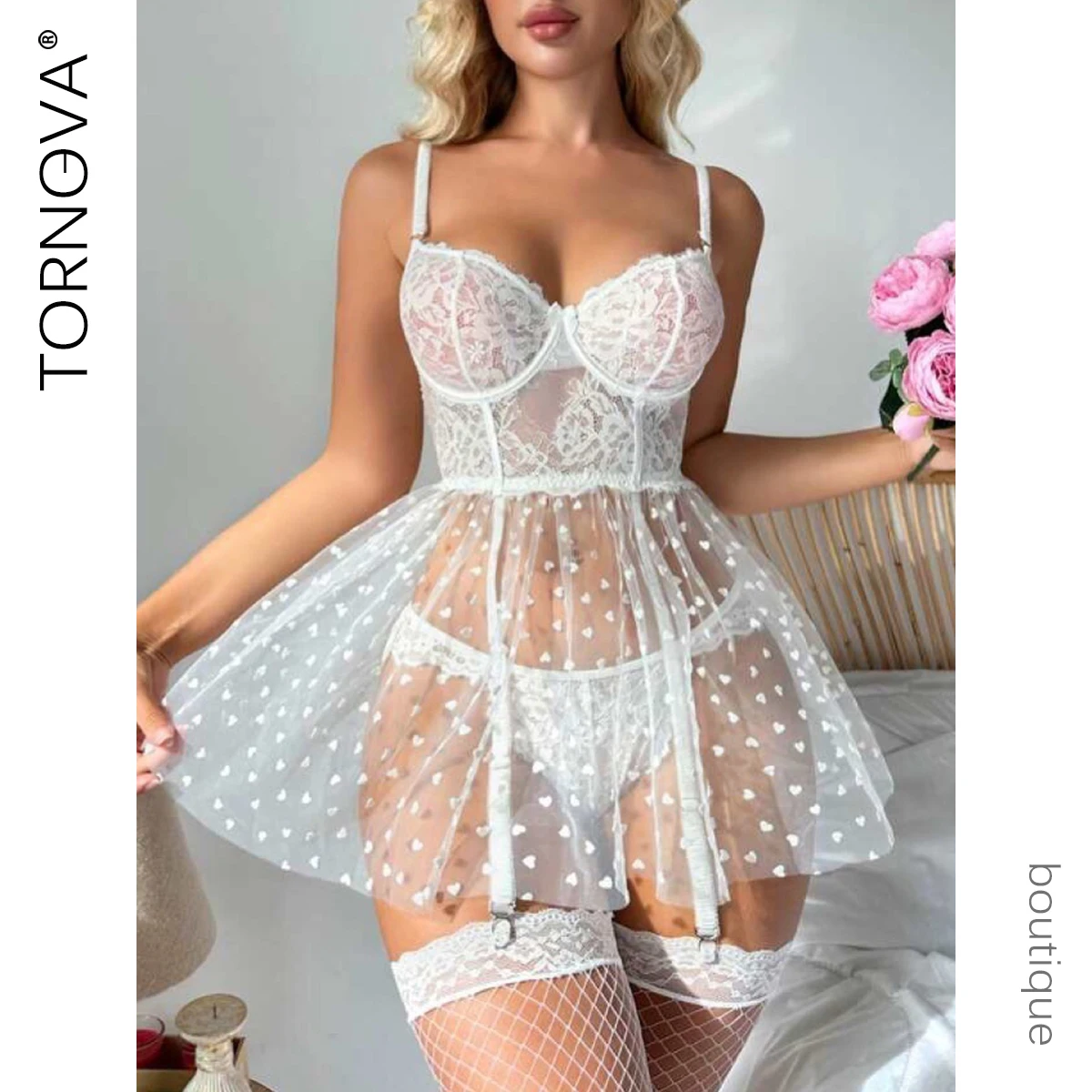 

Tornova Sexy Lingеrie Women Lace Patchwork Mesh See-through Sexy Bow Knot Sling Dress Solid Color Summer Sexy Lingerie Suit New