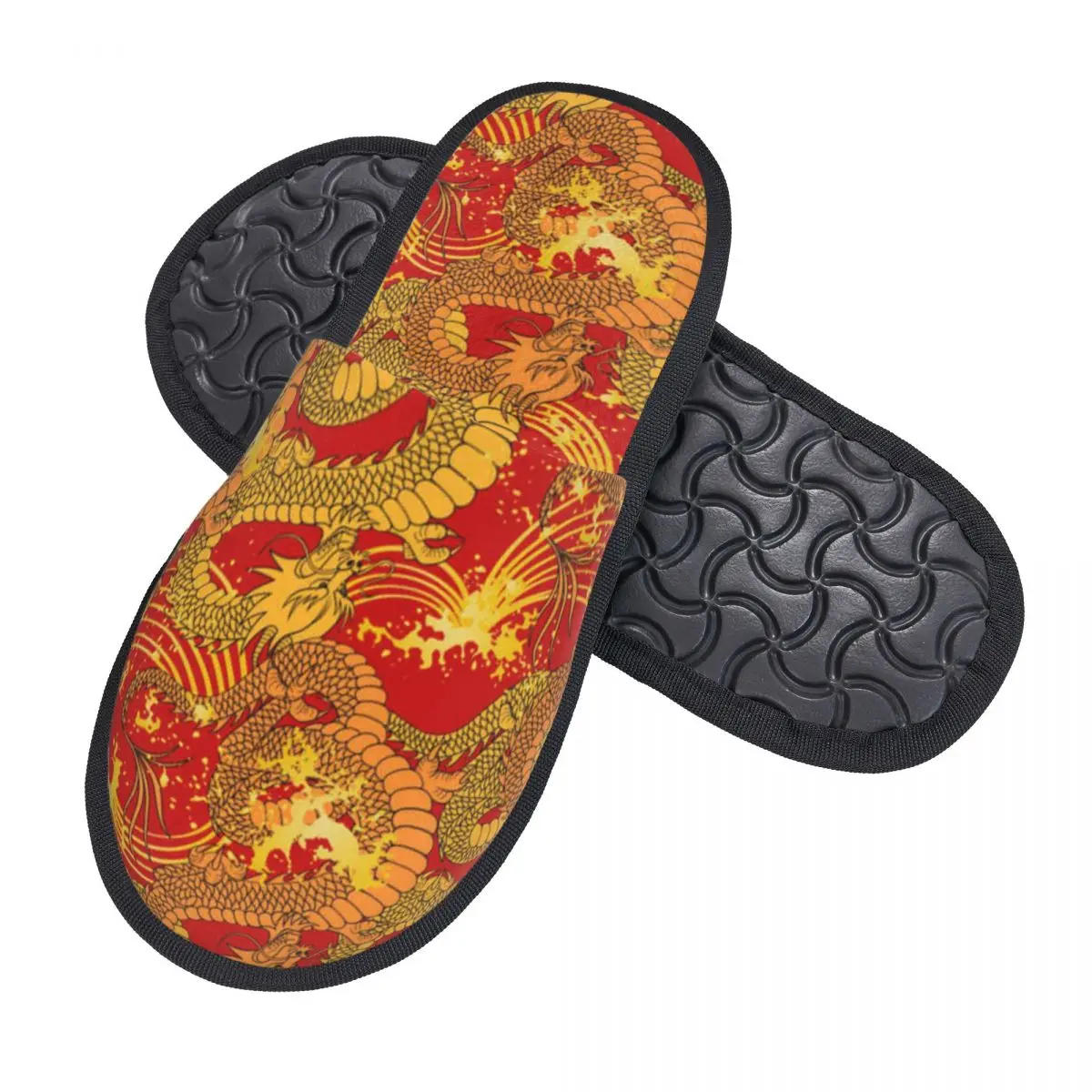 Soft Slippers Dragon And Golden Waves Non-Slip Floor Indoor Home Furry Slippers Shoes For Bedroom