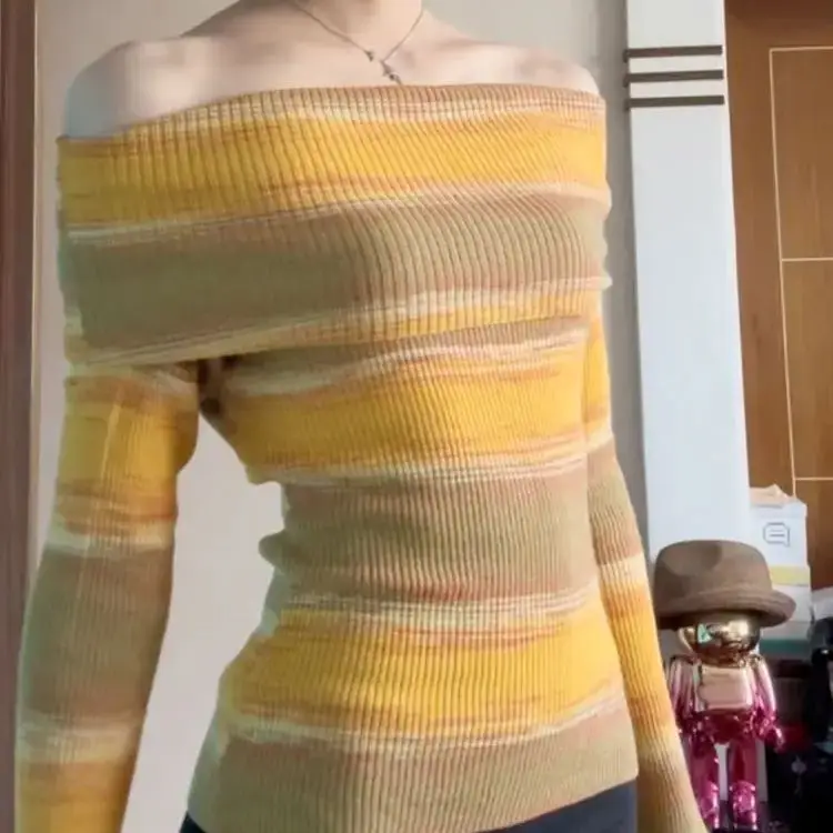 Korean One-Shoulder Striped Sweater Wearing Top Women Autumn Winter 2024 New Explosions Slim Off-The-Shoulder Sweater