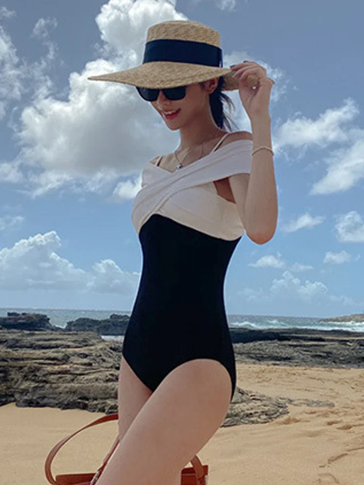 Black White Off The Shoulder Swimwear Women 2024 Sexy Short Sleeve One Piece Swimsuit Bathing Suit Korean Summer Beach Monokini