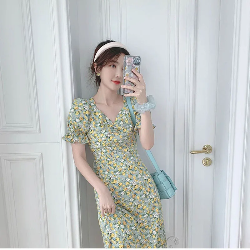 Francês retro quadrado pescoço chá resto saia chiffon floral doce vestido 2025 primavera