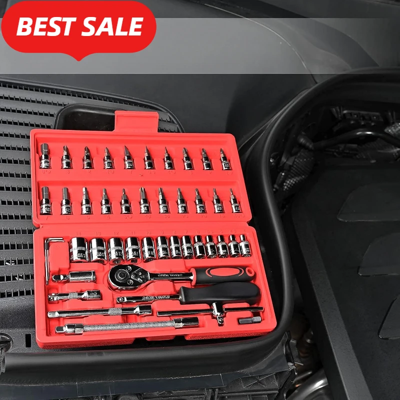 46pcs/Set Socket Wrench Diy Repair Tool Kit Ratchet Screwdriver for Car Repair Hardware Toolbox for Auto Repairing and Household