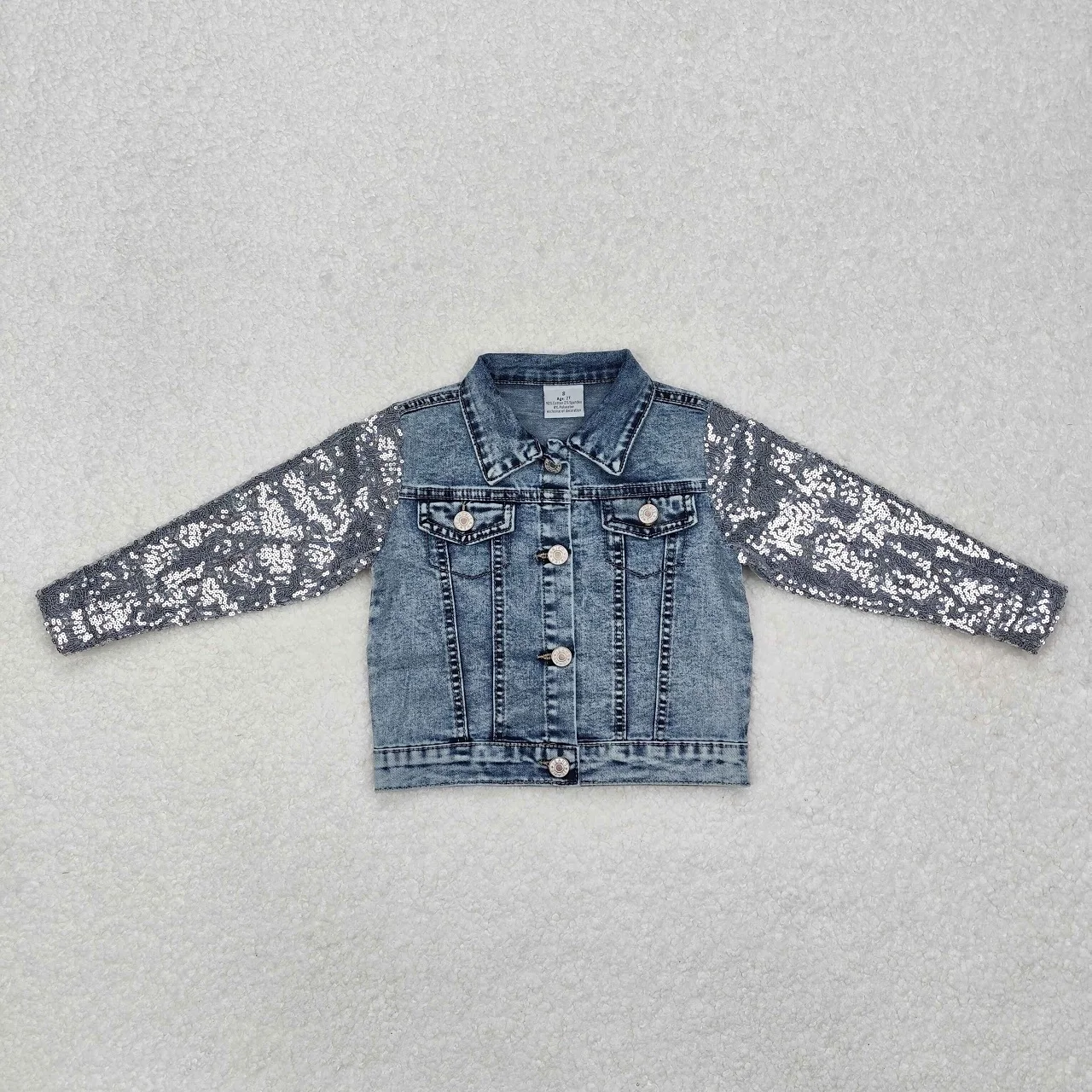 Wholesale Toddler Fall Winter Buttons Contrast Denim Jacket Children Kids Clothing Baby Girl Sequins Long Sleeves Jeans Coat