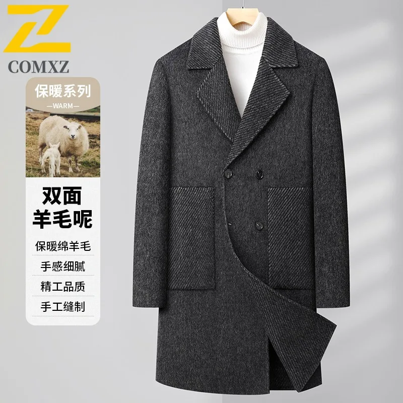 COMXZ Men Wool Blend Overcoat 2025 Trendy Travel Mid Length Cashmere Coat  Autumn Winter Thickened Warm Casual Trenchcoat