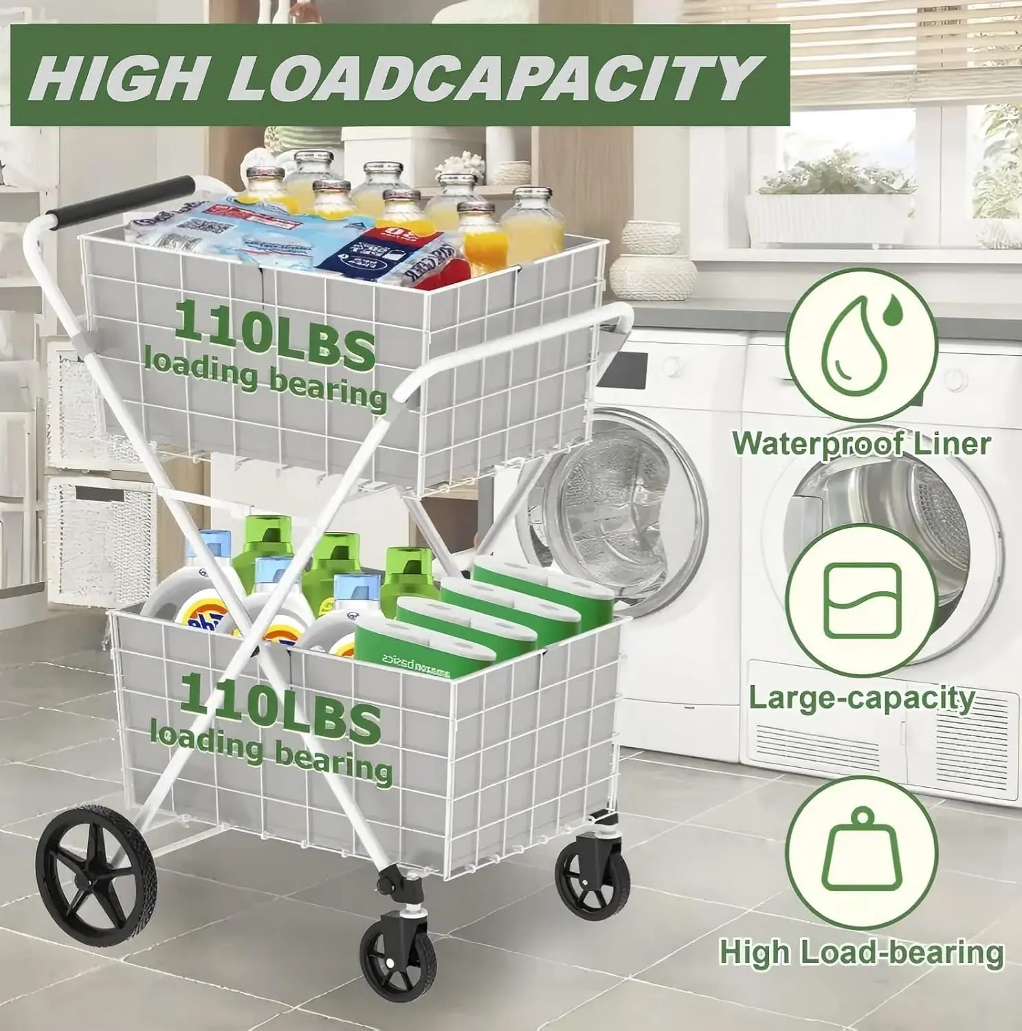 عربة تسوق كبيرة قابلة للطي بوزن 220 رطل على عجلات للبقالة، عربة بقالة كبيرة جدًا بطبقتين مع 2 قابلة للإزالة (أبيض) #4