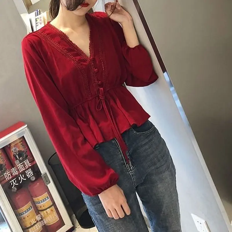 Spring Autumn Stylish Hollow Out Blouse Solid Color Casual Long Sleeve Waist Commute Drawstring Bow Elegant V-Neck Spliced Shirt